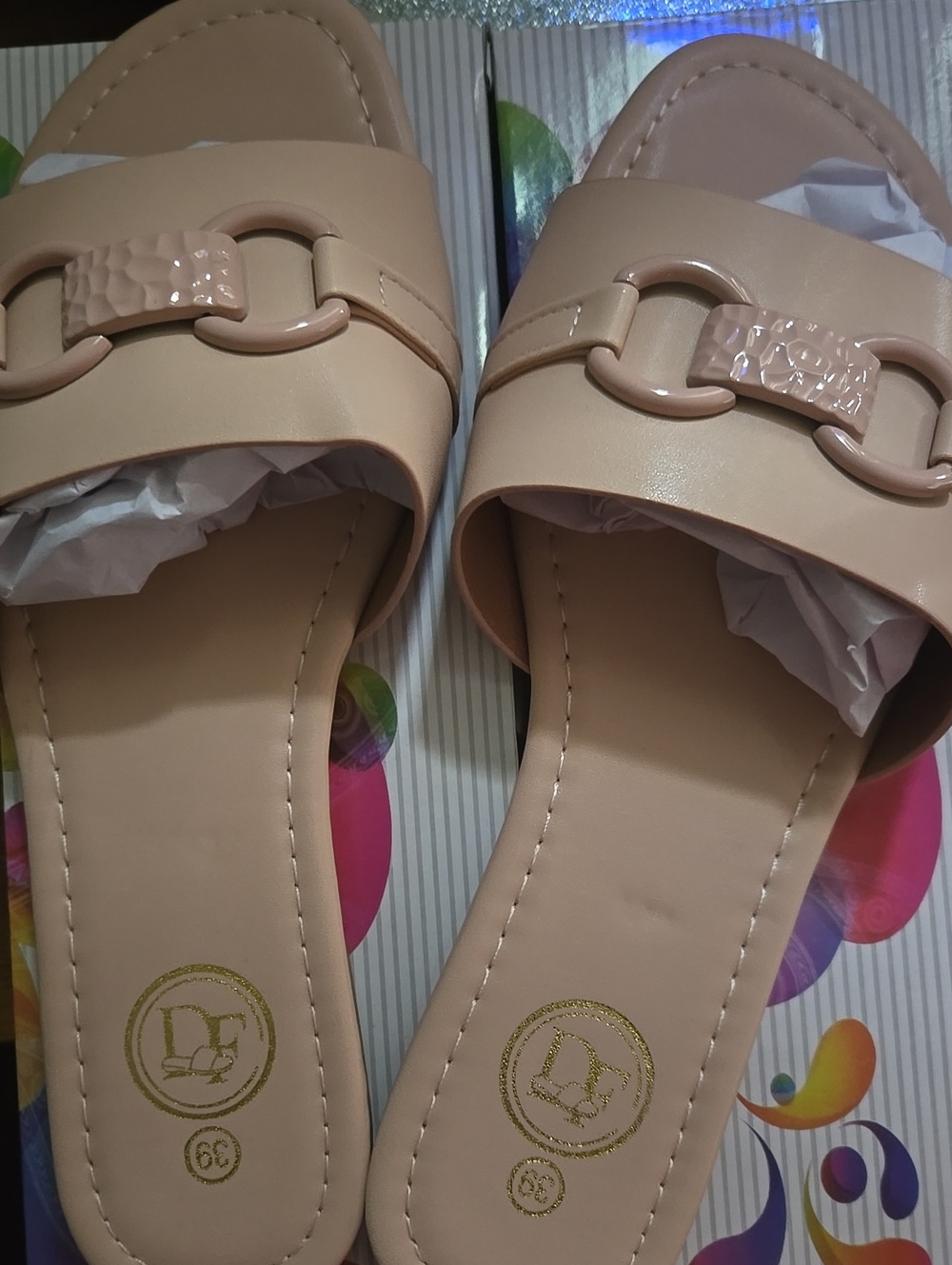 Pink Slide Sandals with Gold Emblem